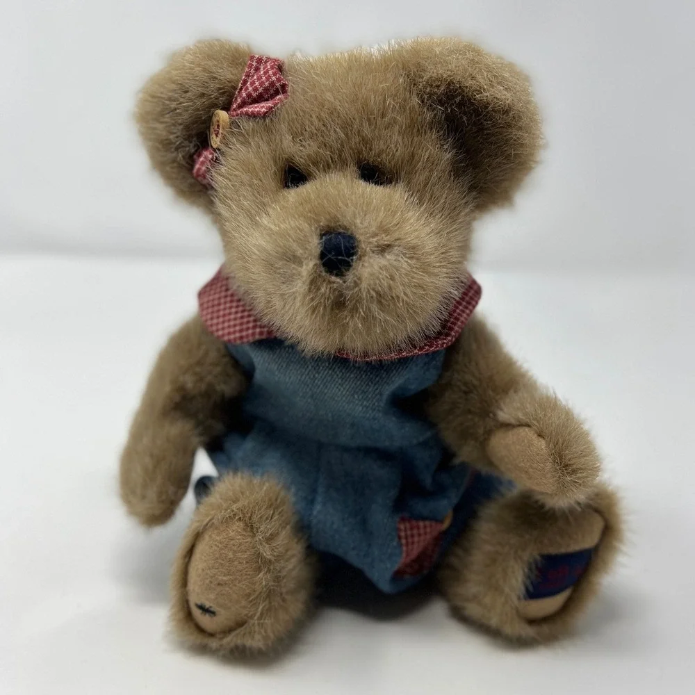 Boyds Bears Plush‎ Teddy Bear Denim Hoodie Gingham Checkered Pocket Head Bean